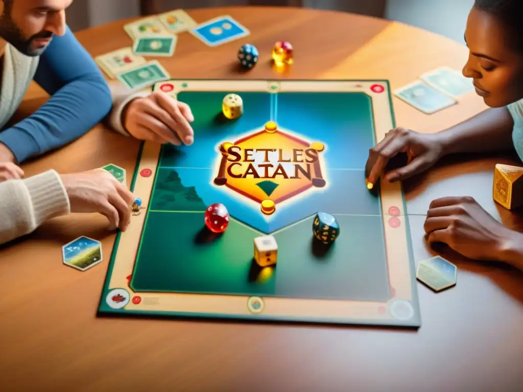 Un grupo diverso disfruta de una intensa partida de Settlers of Catan en una noche de juegos de mesa, mostrando concentración y camaradería