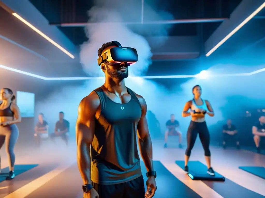 Grupo diverso disfruta con intensidad un juego fitness de realidad virtual