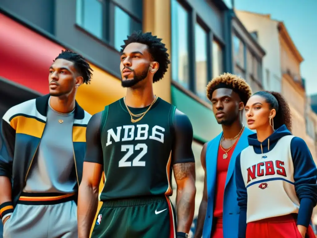 Un grupo diverso de jóvenes con estilo fusionando moda NBA en la ciudad