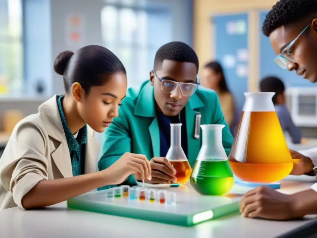 Grupo diverso de jóvenes estudiantes inmersos en un emocionante experimento científico en un aula iluminada