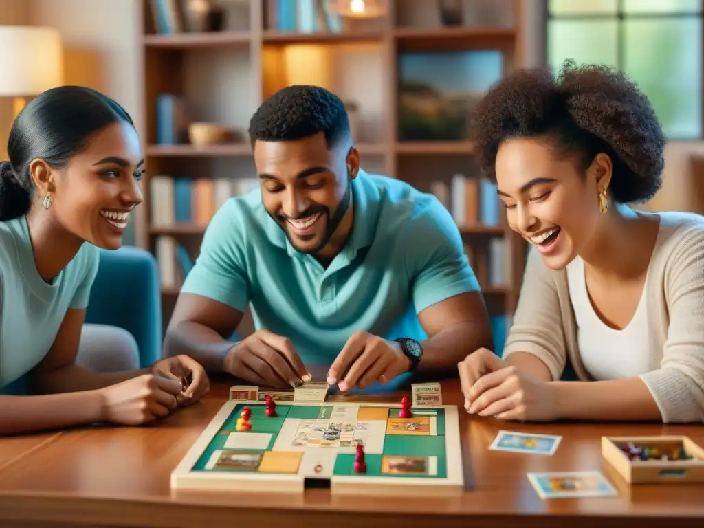 Juego de mesa inclusivo: conexión y aprendizaje en comunidad Un grupo diverso de jóvenes juega un juego de mesa que promueve la conciencia social