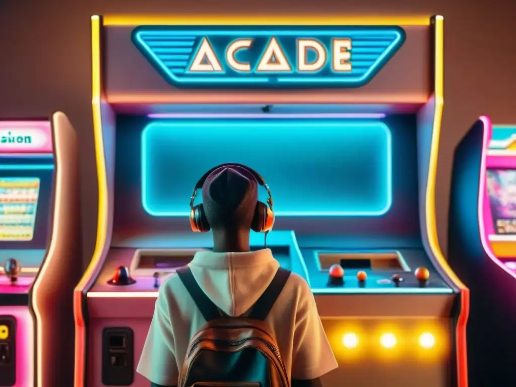 Grupo diverso de jóvenes disfruta de una máquina de arcade vintage en un ambiente futurista retro, fusionando tecnología vintage en juegos modernos