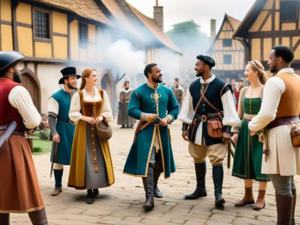 Un grupo diverso de jóvenes en trajes históricos participando en un animado juego de rol en una plaza medieval