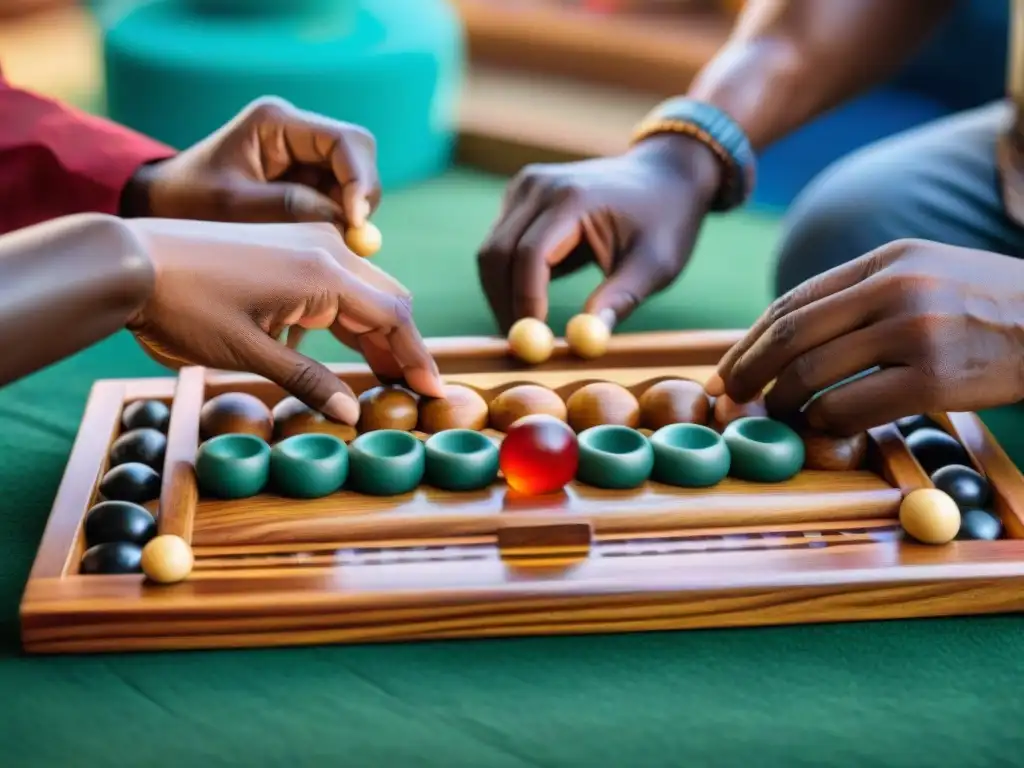 Grupo diverso disfruta juego de mancala africano en mercado vibrante