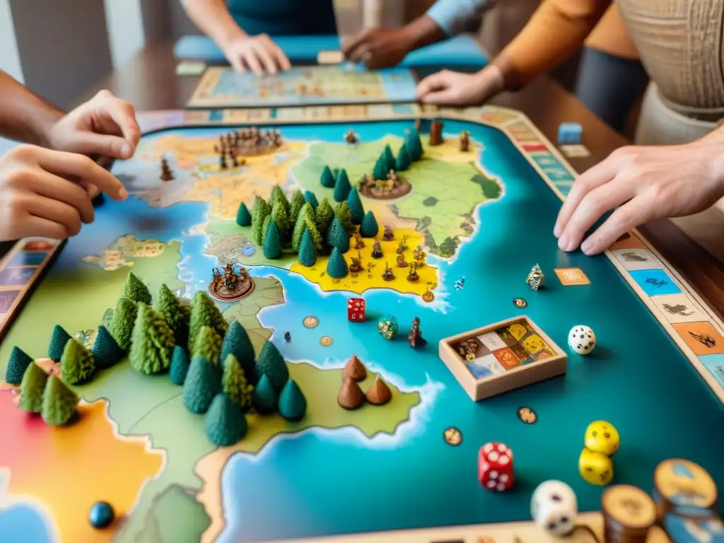 Grupo diverso en juego competitivo de 'Small World' sobre mapa fantástico en mesa rodeada de historia juegos culturas mundo competitivo