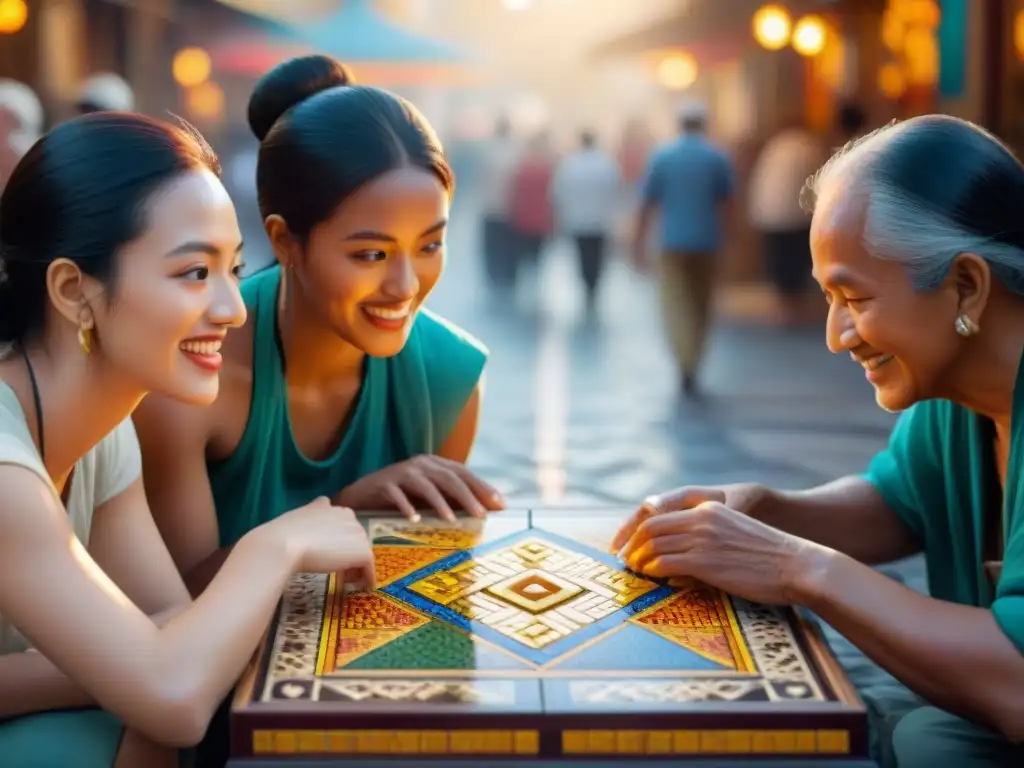 Grupo diverso juega juego cultural en mercado, resaltando importancia de juegos en la memoria mental