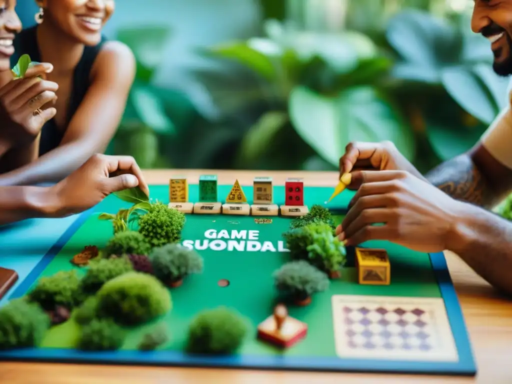 Grupo diverso juega un juego de mesa de desarrollo sostenible en un café ecológico, rodeados de naturaleza y decoración sostenible