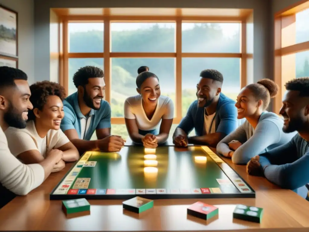 Juego de mesa con mensaje social: diversión y activismo juntos Grupo diverso juega un juego de mesa con mensaje social en ambiente lleno de pasión y entusiasmo