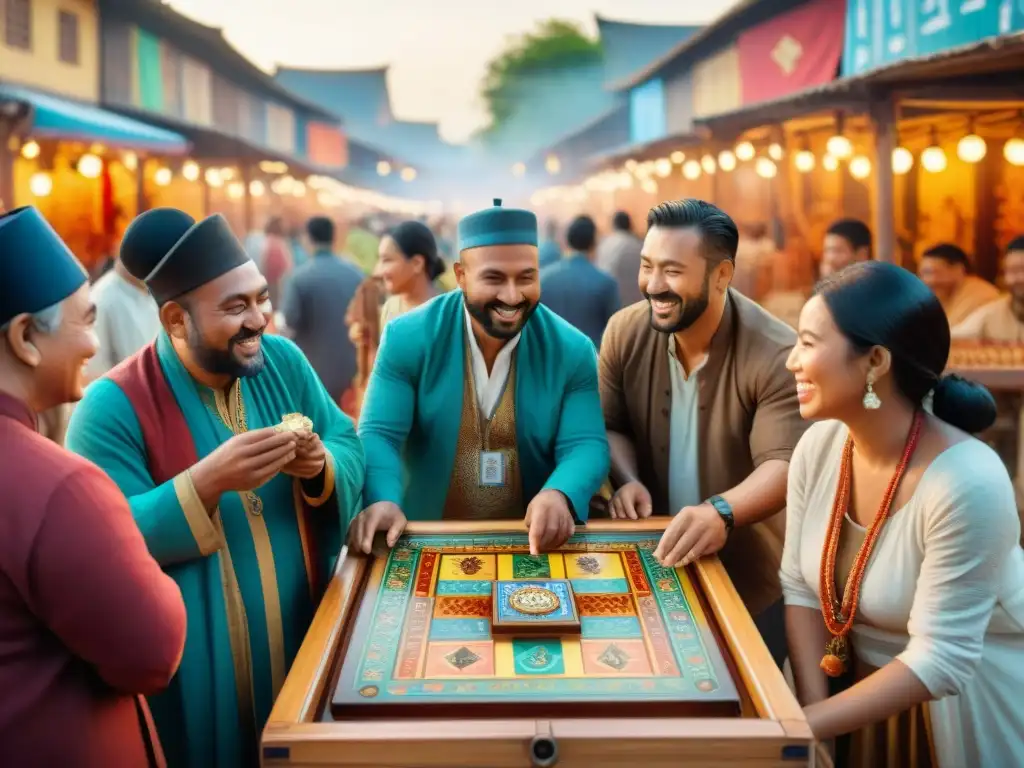 Grupo diverso disfrutando de un juego tradicional en un mercado vibrante