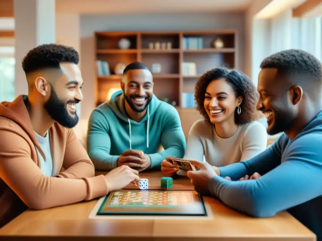 Un grupo diverso disfruta de juegos de cartas clásicos digitales en un ambiente acogedor de sala llena de juegos de mesa