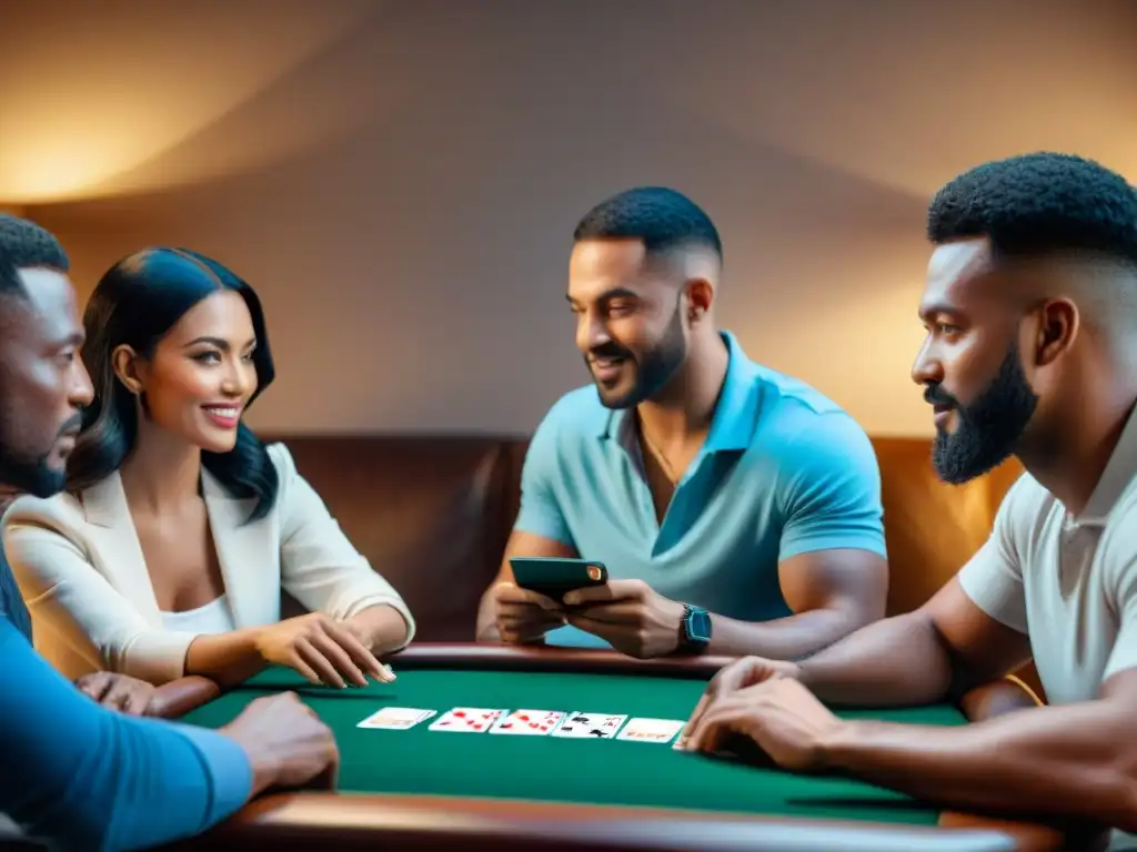 Grupo diverso disfrutando de juegos de cartas clásicos digitales en sala futurista