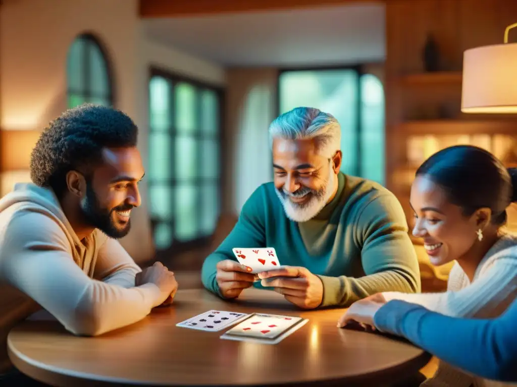 Un grupo diverso disfruta de juegos de cartas clásicos digitales en un acogedor salón iluminado por una lámpara cálida