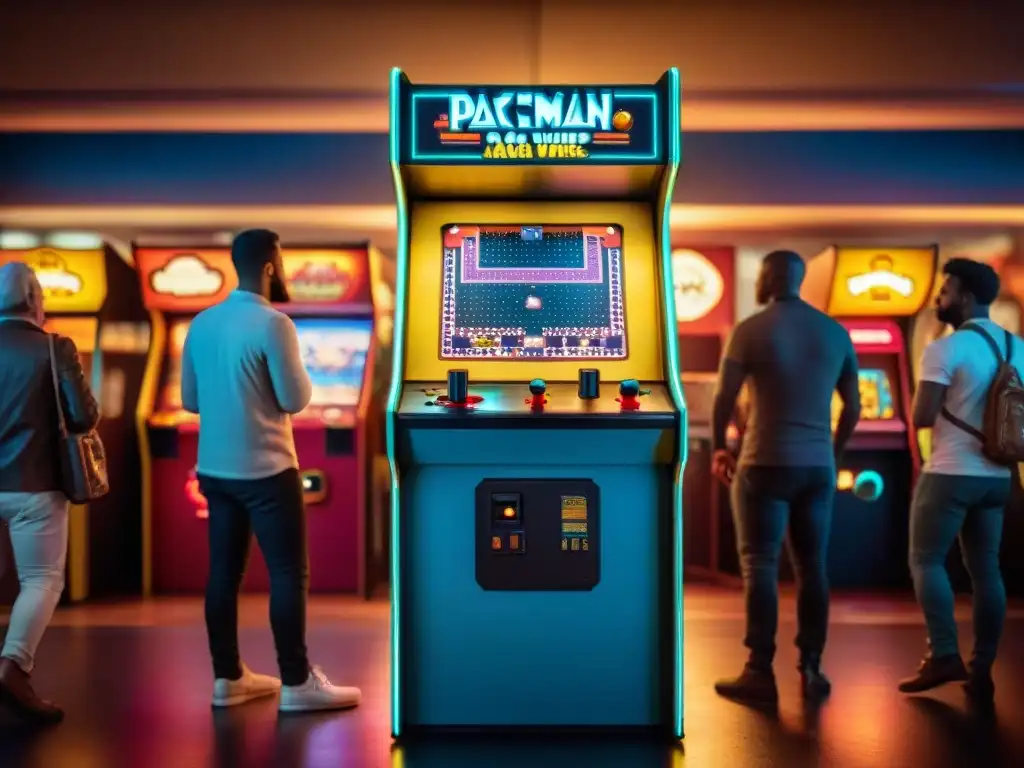 Grupo diverso disfruta de juegos clásicos en una sala de arcade retro iluminada con neon