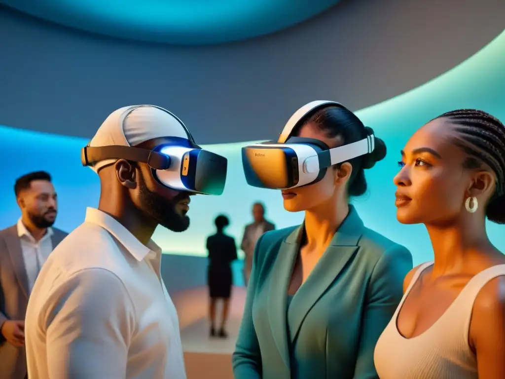 Grupo diverso disfruta de juegos culturales en realidad virtual en un museo moderno