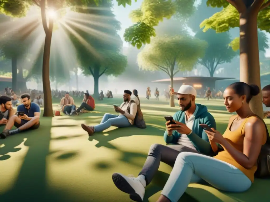 Grupo diverso disfruta juegos móviles freemium vs gratuitos en parque urbano, reflejando impacto social y cultural