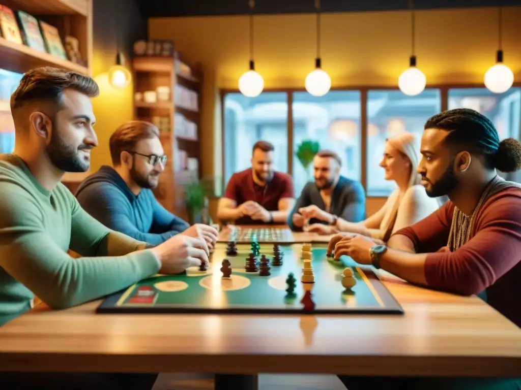 Grupo diverso disfrutando de juegos de mesa en café europeo, reflejando el renacimiento de juegos de mesa en Europa