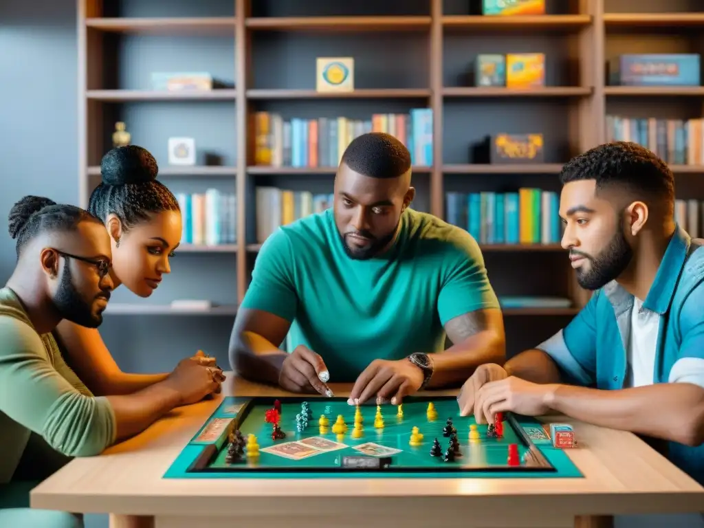 Grupo diverso disfrutando juegos de mesa y novelas gráficas, reflejando la historia y evolución de culturas en un ambiente inmersivo y vibrante