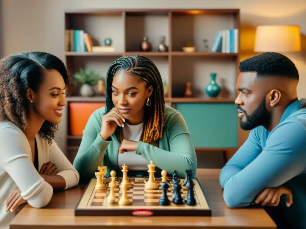 Grupo diverso disfruta de juegos de mesa en ambiente acogedor