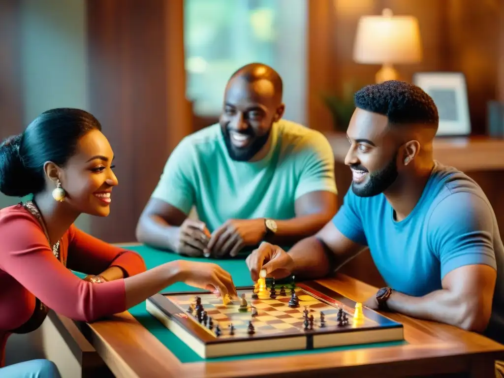 Grupo diverso disfruta de juegos de mesa en una noche acogedora