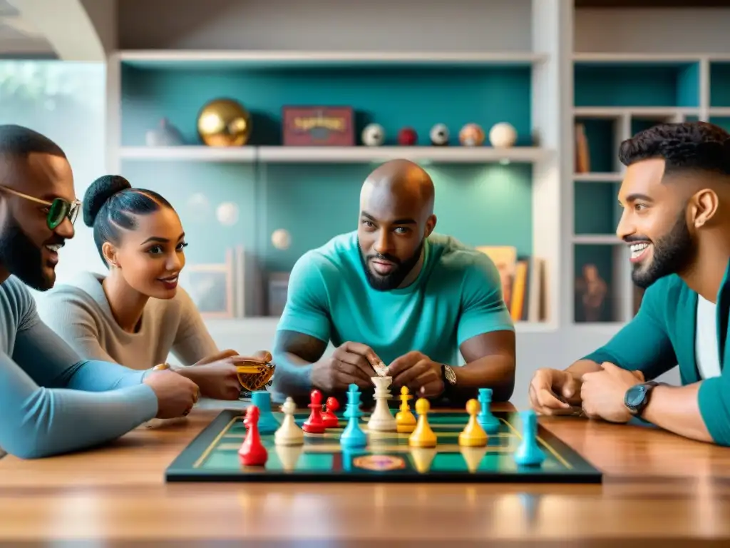 Grupo diverso disfruta de juegos de mesa inspirados en cultura pop con emoción y concentración en ambiente acogedor