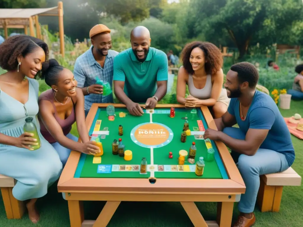 Un grupo diverso disfruta de juegos de mesa sostenibles en un jardín comunitario