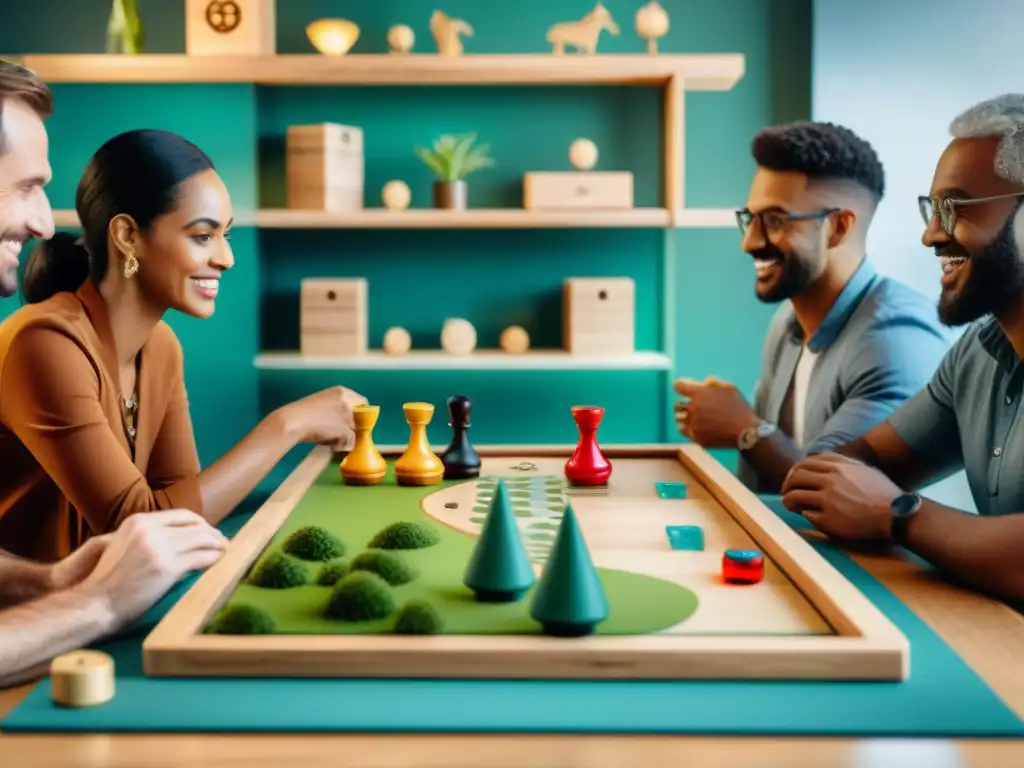 Grupo diverso disfruta de juegos de mesa sostenibles tendencia en ambiente comunitario y ecoamigable