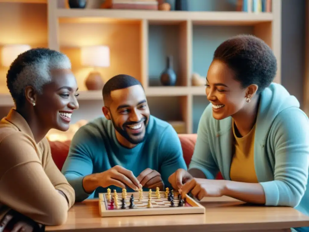 Grupo diverso juega juegos de mesa, fomentando habilidades cognitivas en ambiente acogedor