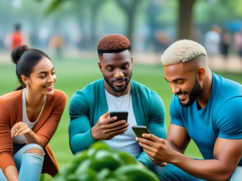 Grupo diverso disfrutando de juegos móviles en parque, reflejando el impacto positivo en la salud mental