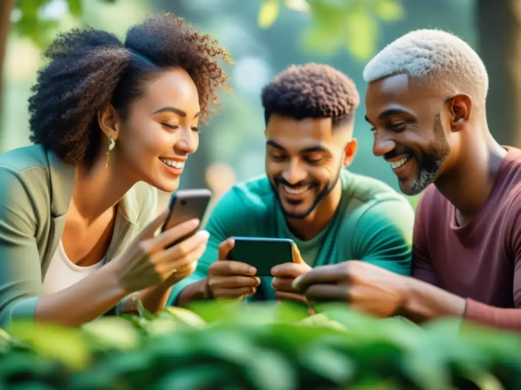 Grupo diverso disfruta de juegos de rompecabezas móviles en un parque urbano, bajo la sombra de árboles verdes