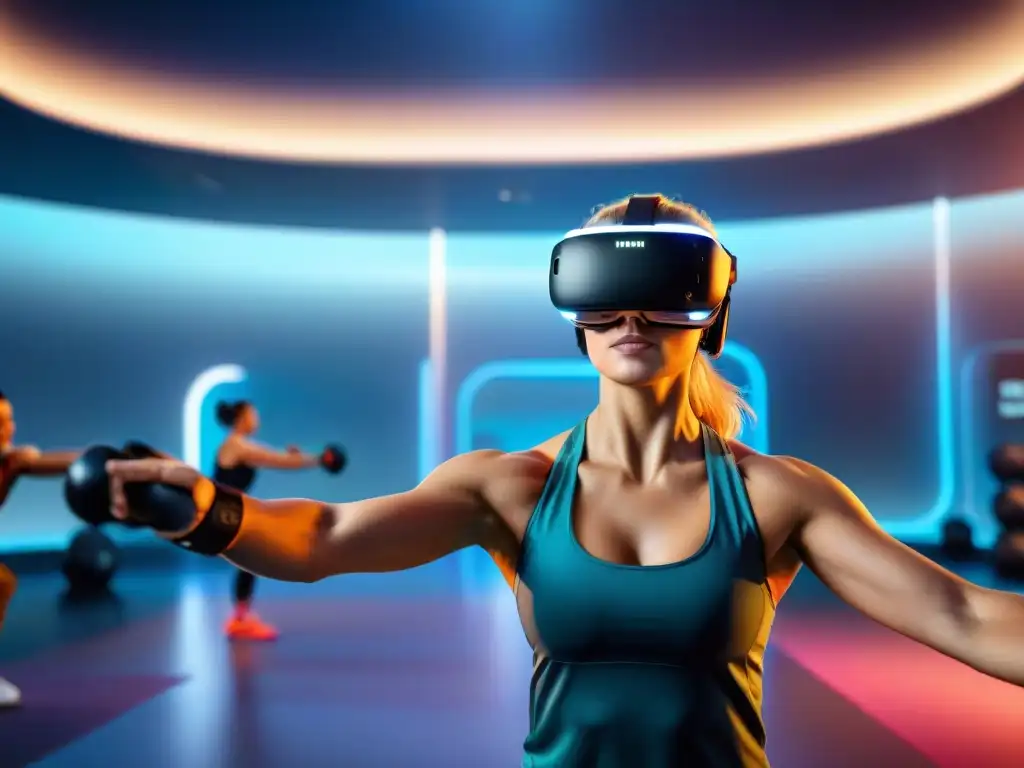 Un grupo diverso disfruta intensamente de juegos de fitness en realidad virtual en un centro moderno y vibrante