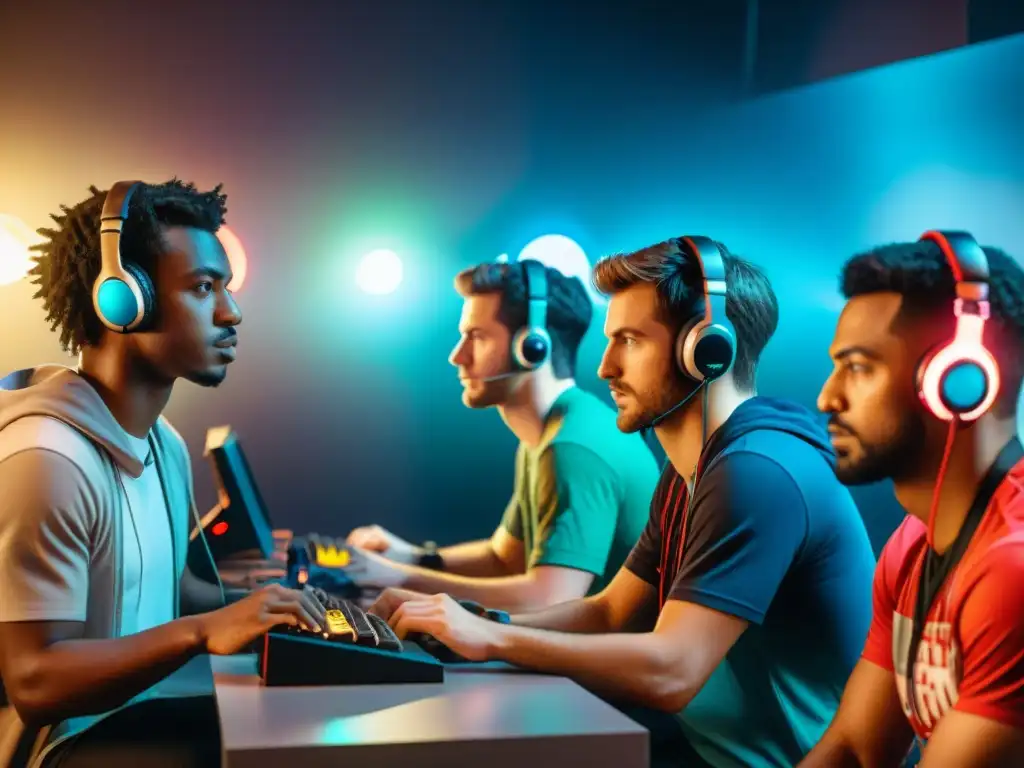 Concentración y pasión: speedrunners en acción Un grupo diverso de speedrunners se concentra intensamente en sus juegos, rodeados de consolas, controles y pantallas