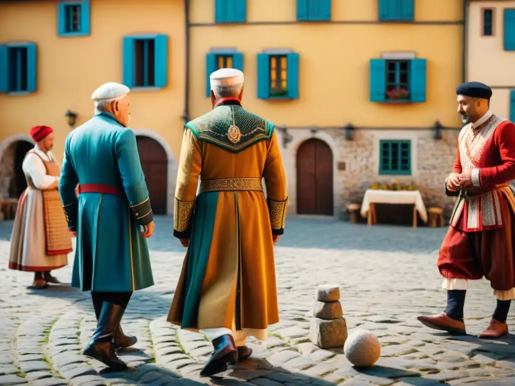 Grupo diverso juega juegos tradicionales en plaza de pueblo europeo, preservando cultura