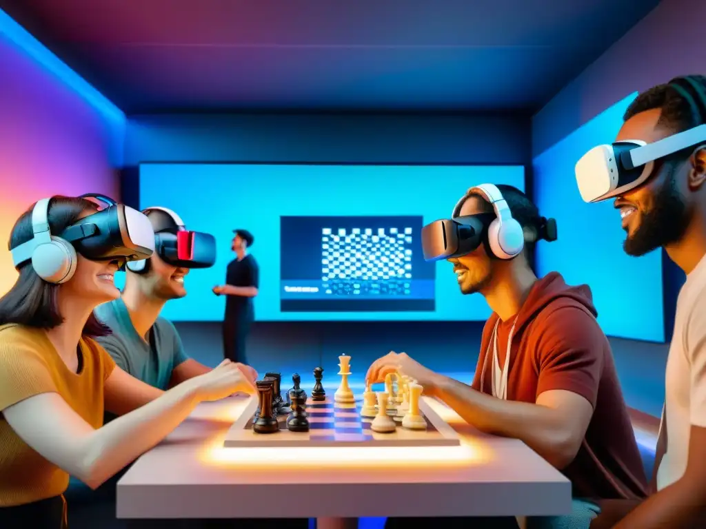 Grupo diverso disfrutando juegos tradicionales en Realidad Virtual