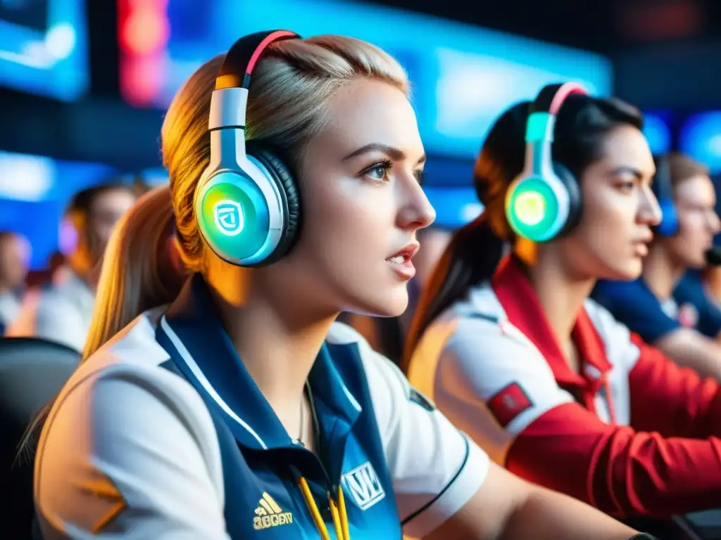 Grupo diverso de jugadoras con auriculares compiten en un torneo de eSports, rompiendo barreras