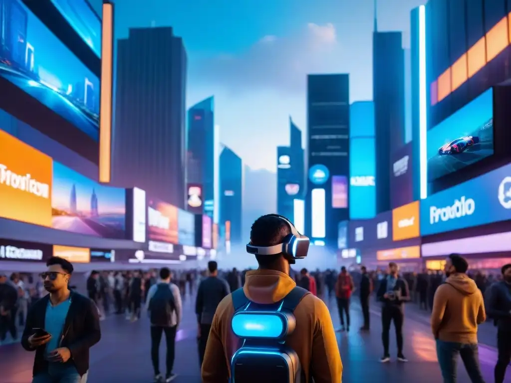 Grupo diverso de jugadores en una ciudad futurista al atardecer, usando tecnología avanzada para juegos de estrategia futuristas