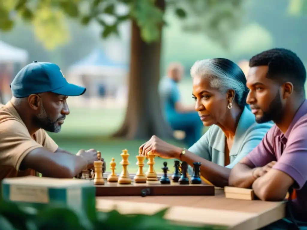 Grupo diverso de jugadores concentrados en juegos tradicionales en un parque, bajo un roble, ilustrando el impacto tecnología juegos tradicionales