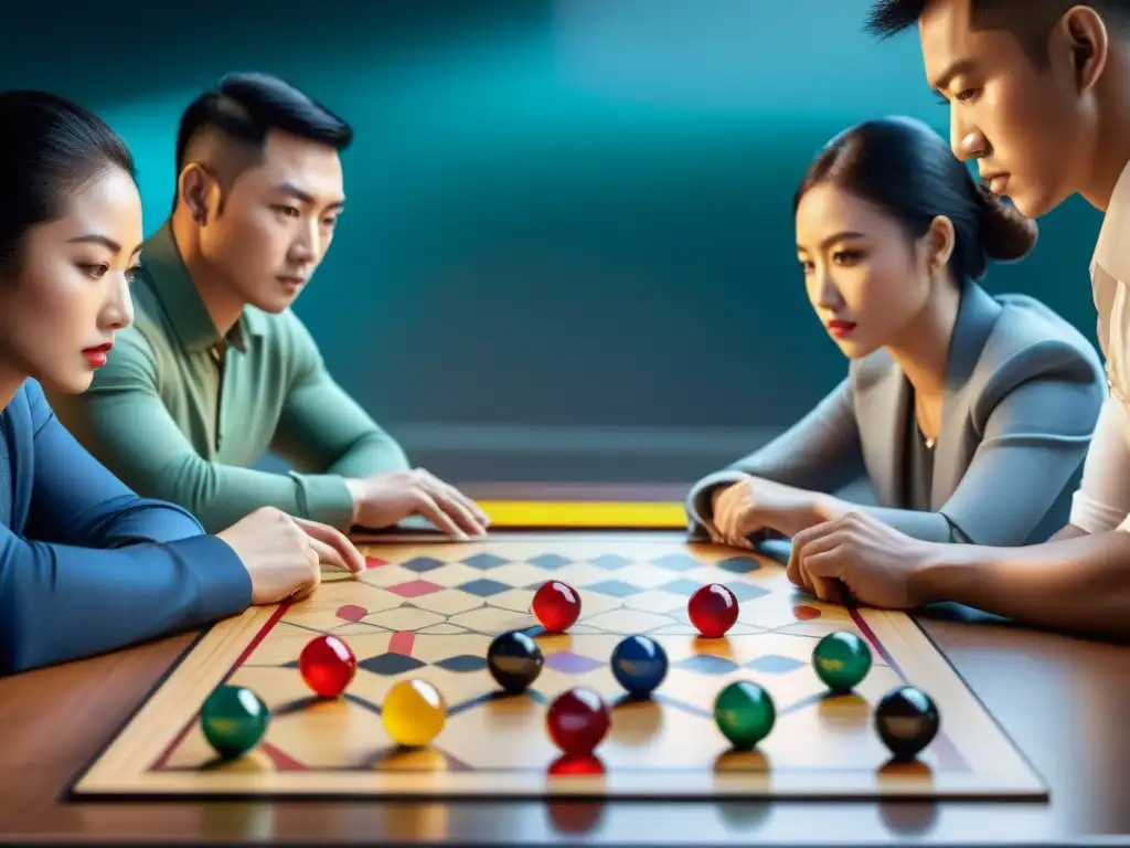 Un grupo diverso de jugadores concentrados en el avanzado juego de Damas Chinas, mostrando estrategias para ganar