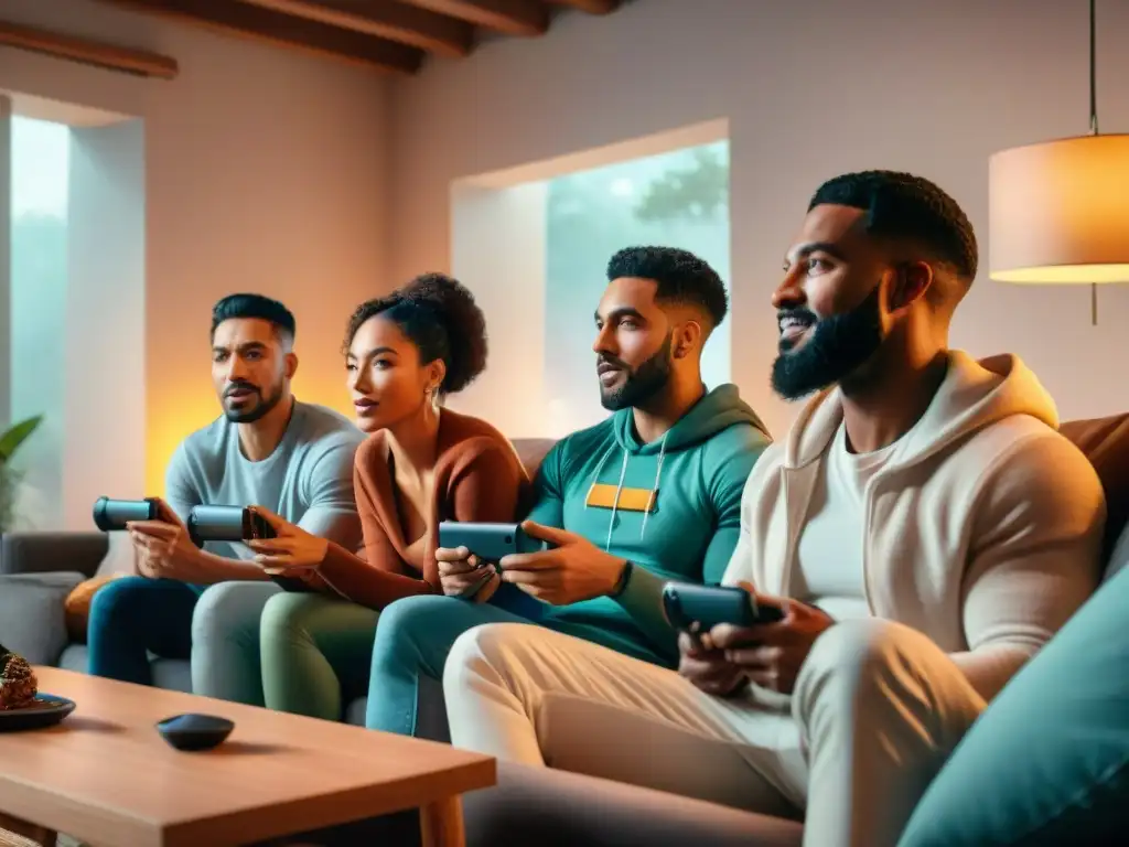Grupo diverso de jugadores concentrados en 'Among Us' en acogedor salón