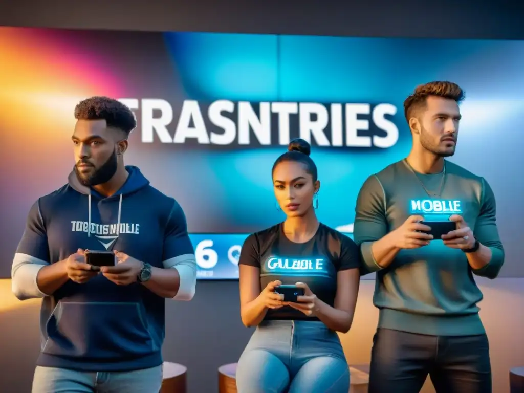Grupo diverso de jugadores concentrados en juegos deportivos móviles, rodeados de pósters y símbolos virtuales