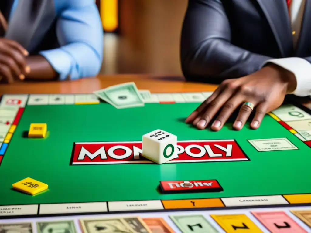 Un grupo diverso de jugadores concentrados en Monopoly, aprendiendo lecciones de economía con emoción y competencia