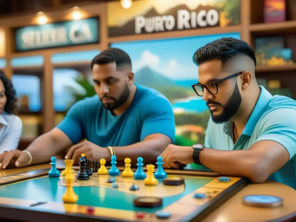 Grupo diverso de jugadores concentrados en partida de Puerto Rico en café de juegos de mesa