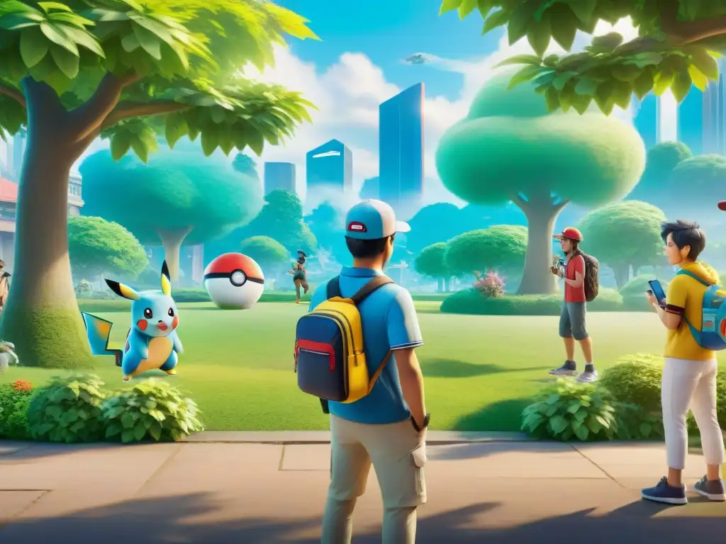 Grupo diverso de jugadores de Pokémon GO intercambiando consejos para completar Pokédex en un parque de la ciudad