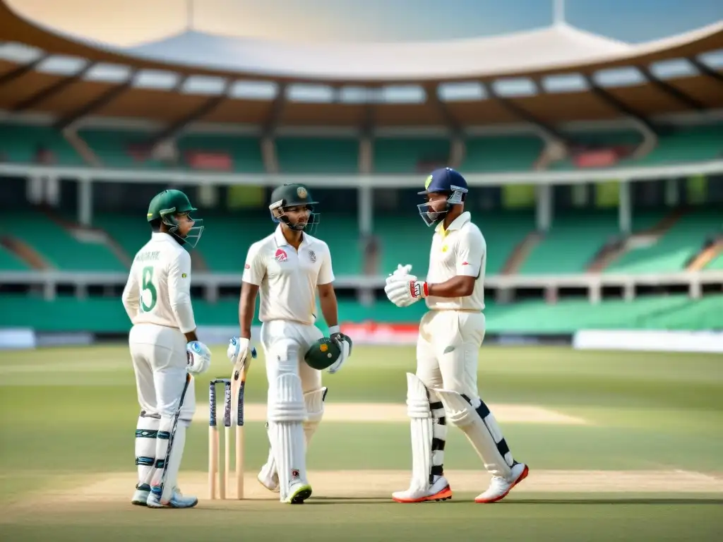 Grupo diverso de jugadores de cricket en un campo verde intenso, listos para jugar