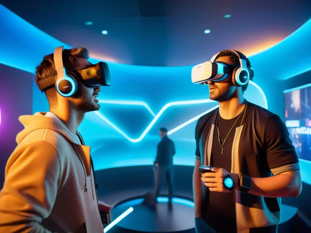 Un grupo diverso de jugadores interactúa emocionado en un juego de realidad virtual con tecnología wearable futurista