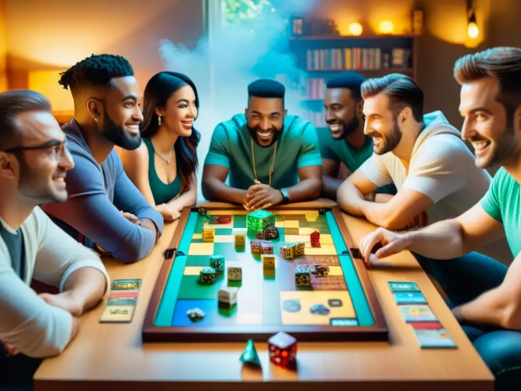 Grupo diverso de jugadores emocionados reunidos alrededor de mesa de juegos, resurgimiento juegos olvidados crowdfunding