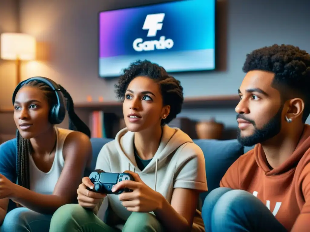 Jugadores unidos por cambio social en videojuego Un grupo diverso de jugadores entusiastas se reúnen alrededor de una pantalla, conectados por un juego con mensaje social crowdfunding