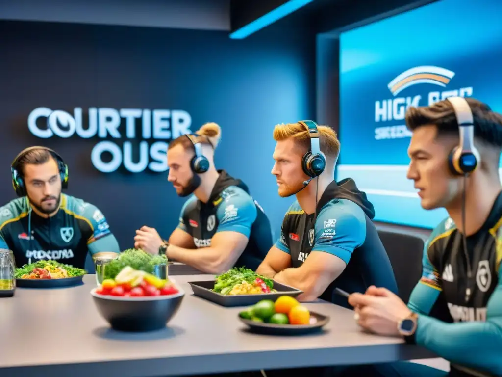 Un grupo diverso de jugadores de eSports disfruta de una comida saludable en su gaming house