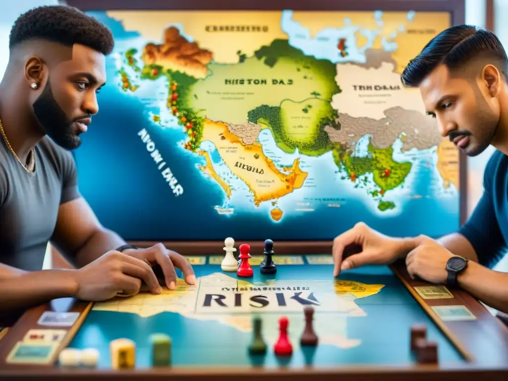 Un grupo diverso de jugadores concentra su estrategia en el juego de Risk, con un mapa mundial vintage de fondo