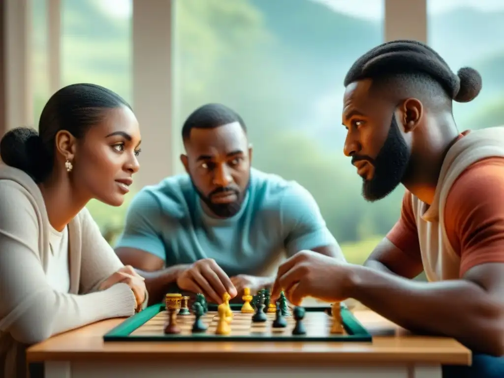 Un grupo diverso de jugadores inmersos en un juego de mesa, reflejando emociones y conexiones profundas
