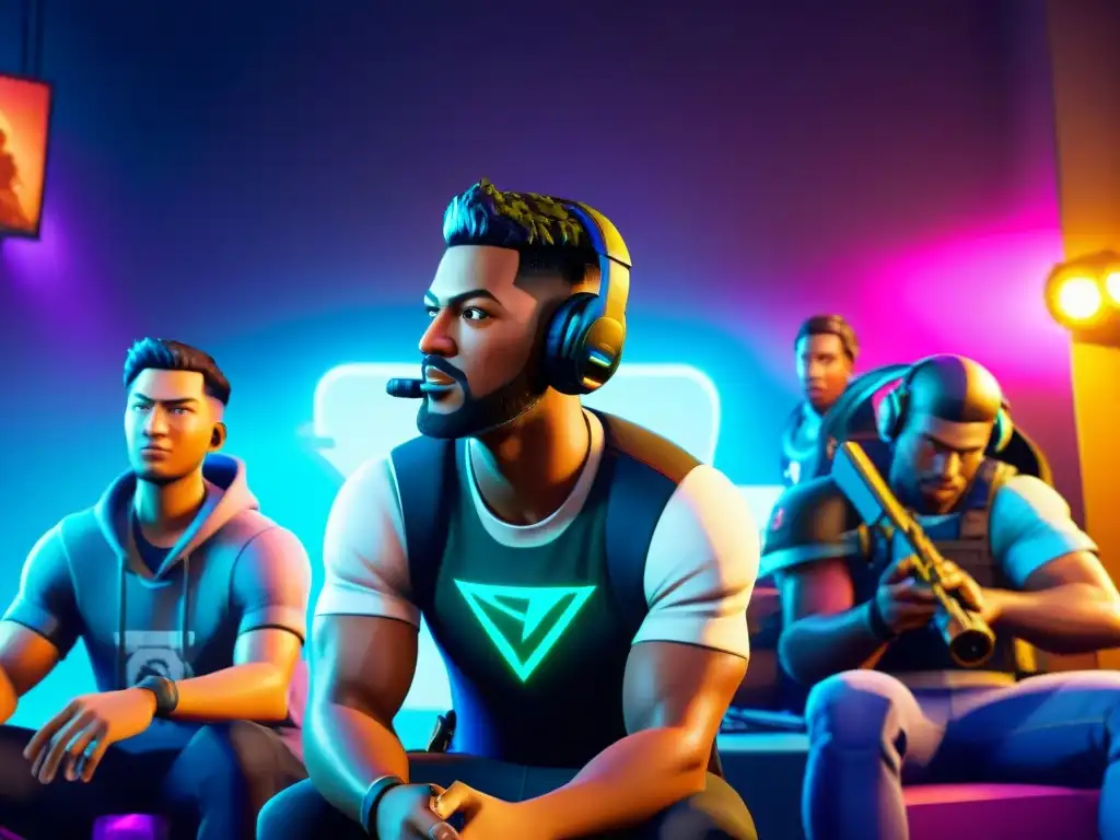 Grupo diverso de jugadores inmersos en Fortnite, reflejando éxito social y cultural